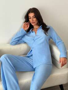 EURMUSE Leinenhemd-Set, taillierte Passform, asymmetrisches Vorderdetail, Langarmdesign, weite Hose, weicher atmungsaktiver Stoff, eleganter minimalistischer Stil, müheloser Alltags-Chic, blaues Zweiteiler-Set, Damenbluse und Hosen-Set, blauer Hosenanzug für Damen, Sommer-Set, 2-teiliges Leinen-Set für Frauen - Blau - Übersicht 4