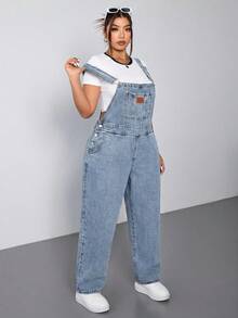SHEIN ICON Plus Size Casual Versatile Washed Denim Bib Overalls - Light Wash - View 5