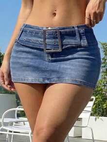 SHEIN ICON Women's Casual Versatile Everyday Denim Skort With Snap Closure - Dark Wash - View 1