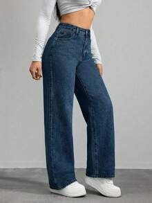 EURMUSE Casual Washed High Waist Straight Leg Jeans - Medium Wash - View 3