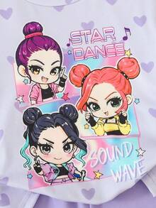 SHEIN Bộ 2 món cho bé gái, áo thun cổ tròn tay ngắn in hình trái tim và hoạt hình, kèm quần short, dễ thương và thời trang. - Màu tím - Xem 5