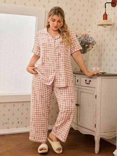 CottageSlumber 泡泡褶皱卡通花卉格子印花翻领开衫短袖睡衣套装