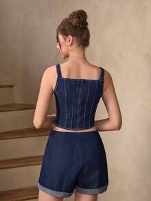 Selenza 女士休闲无袖牛仔上衣，夏季 - 藍色 - 查看 2