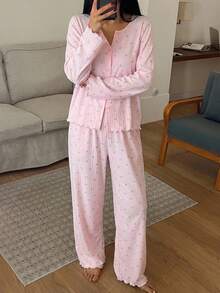 DAZY Bộ đồ ngủ nữ 2 món gồm áo khoác cardigan dài tay dáng rộng và quần maxi họa tiết bướm và hoa nhí, thích hợp cho mùa xuân. - Hồng - Xem 5