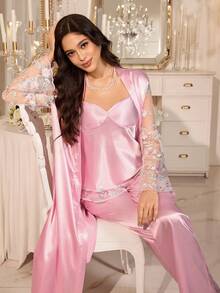 LuxeNights 3pcs Set: Embroidered Trim Faux Silk Camisole, Pants And Robe Sleepwear Set - Pink - View 5
