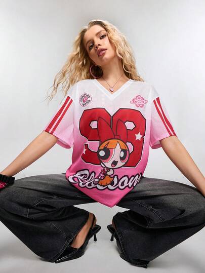 THE POWERPUFF GIRLS X SHEIN Women's V-Neck Cartoon Letter Print Casual Versatile Daily Wear Short Sleeve T-Shirt