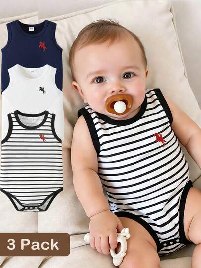 SHEIN 3pcs/Set Baby Boys' Casual Romper Outfit With Animal Horse Graphic Crew Neck Sleeveless