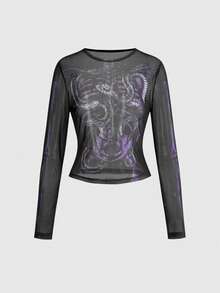 ROMWE Goth Top corto transparente con estampado de serpiente esqueleto de estilo gótico oscuro - Negro - Ver 3