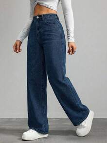 EURMUSE Quần jeans ống đứng cạp cao giặt thường ngày - Rửa tối - Xem 5