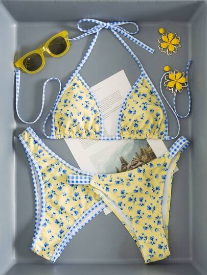 Swim Vcay Women's 3-Piece Swimwear Set, Fashionable Floral & Plaid Contrast Color Bikini, Backless, Spaghetti Strap, Tie Front, Triangle Swim Bottoms, Beach Holiday Style