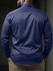 ResortEase Plus Size Men's Solid Color Single-Breasted Pocket Business Casual Long Sleeve Shirt, For Fall - Navy Blue - View 3