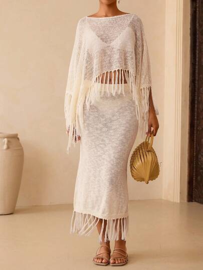 Vesra 2pcs Fringe Decor Sweater & Knit Skirt Set
