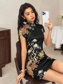 EastFlair 女士优雅新款中国风碎花修身连衣裙，夏季 - 黑色和金色 - 查看 6