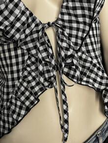 EgrlEra Y2K休闲朋克风荷叶边系带格子衬衫（女款） - 黑與白 - 查看 3