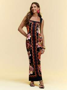 CAJUNI 女士休闲度假热带花卉印花黑色露肩针织中长连衣裙，约会连衣裙，优雅连衣裙，带口袋女士长款连衣裙，夏季长裙，吊带长裙 - 黑色 - 查看 8