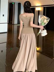 DAZY 女士纽扣前开襟短袖休闲中长连衣裙 - 卡其色 - 查看 4