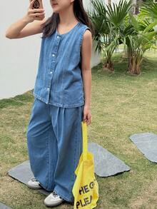 Dazy Kids Tween Girls' Summer Casual Loose Denim Vest And Wide Leg Pants Set - Blue - View 7