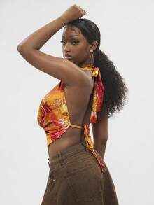 Modviera Women's Tie-Neck Allover Print Ruched Sexy Versatile Blouse For Dates & Outings - Multicolor - View 2