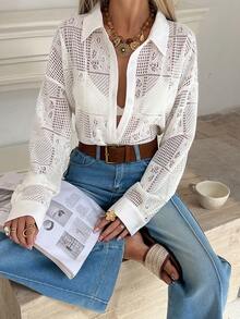 DAZY 女士宽松翻领镂空衬衫 - 白色 - 查看 4