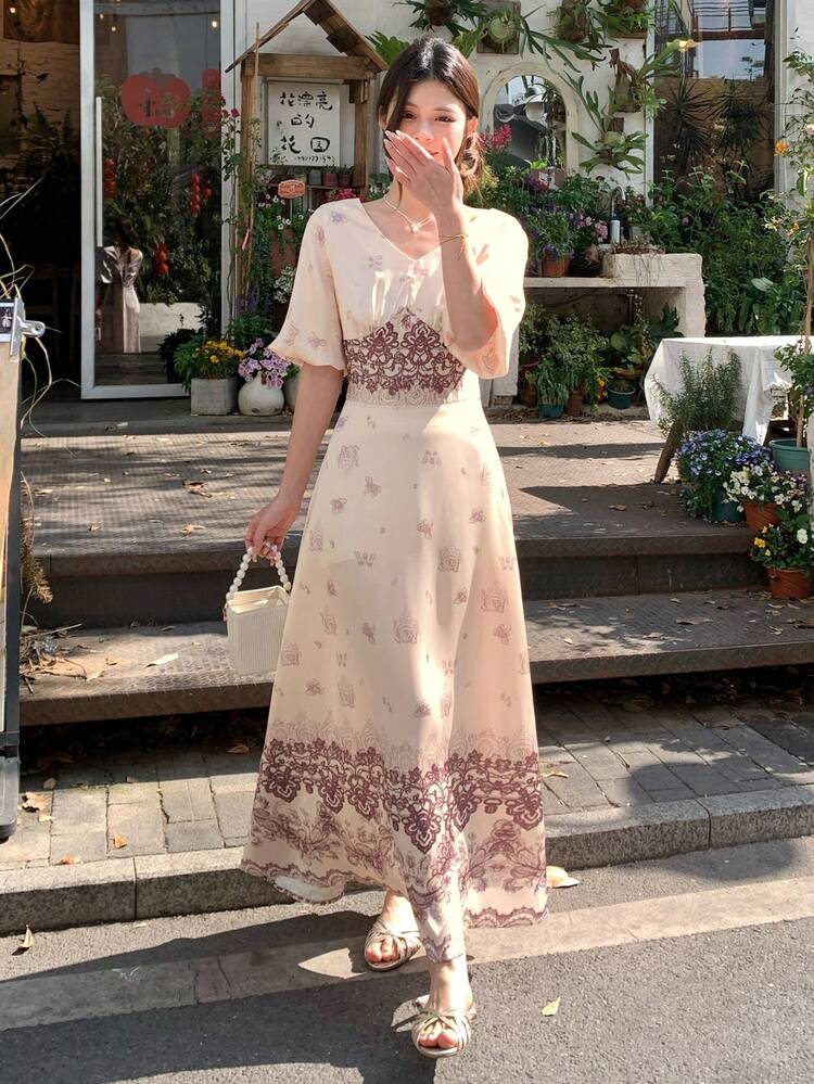 Women's V-Neck Short Sleeve Cinched Waist Floral Print Dress Sundress Summer Boho