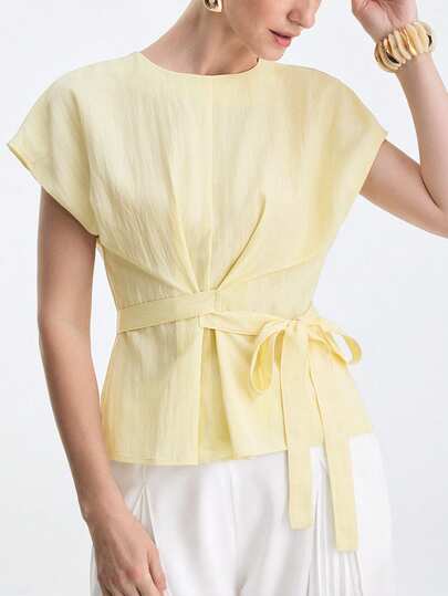 Aalyst Blusa de lino con cuello redondo, mangas raglán y ajuste holgado, con lazo en la cintura. Estilo elegante, vintage, francés y minimalista. Adecuada para la oficina, el transporte, los negocios, el casual, la playa, el uso diario, primavera/verano