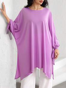 Graceveil Solid Color Round Neck Bowknot Cuff Asymmetric Hem Loose Casual Soft T-Shirt For Women - Purple - View 4