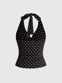 Sweetness Women's Sexy V-Neck Spaghetti Strap Backless Polka Dot Camisole, Knitted Stretchy Fabric Casual Top For Daily Wear, Spring/Summer - Black - View 2