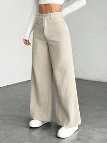 Wide-Legged Pants With One-Colored Front Buttons, Suitable For Daily Wear - Apricot - View 6