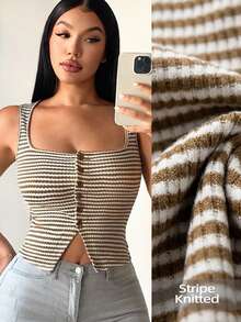 SHEIN SXY 大码女式条纹高弹针织单排扣方领无袖修身休闲短款背心，时尚、优雅、性感，适合度假、情人节、婚礼宾客、复古、派对、舞会、外出、春夏、节日、波西米亚风、休闲、街头风等场合。 - 彩色 - 查看 7