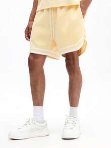 SUMWON Men's Regular Fit Pull On Curved Hem Basketball Style Shorts With White Contrast Trim - Yellow - View 1
