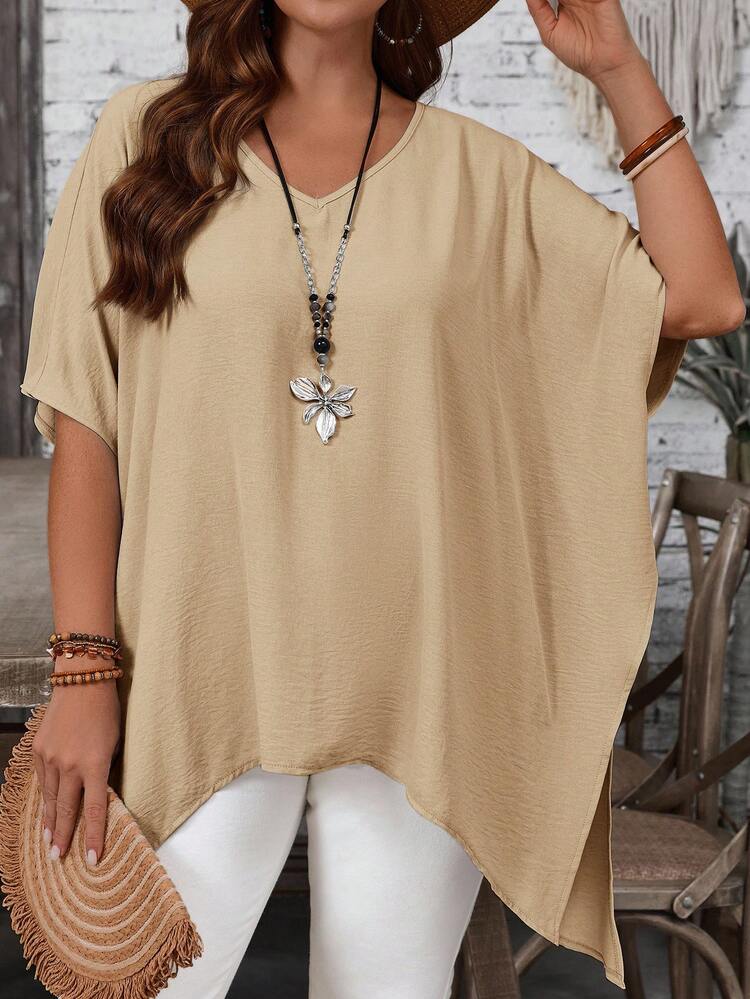 Plus Size Asymmetrical Hem Batwing Sleeve Casual Vacation Shirt, Summer