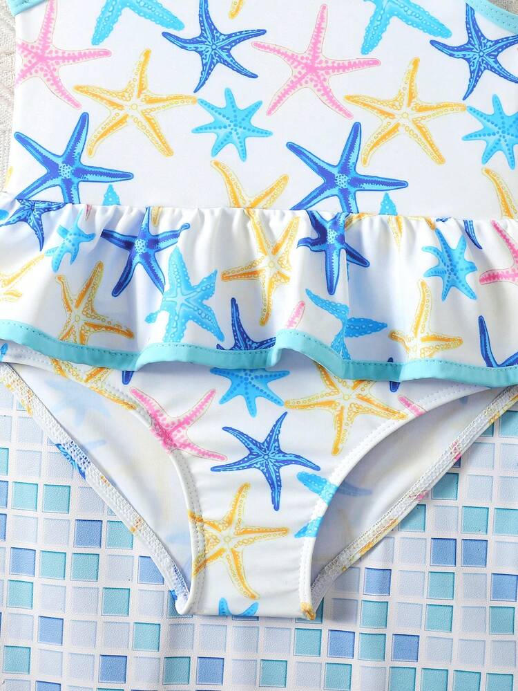 SHEIN 小女孩可爱海星印花连体泳衣，休闲沙滩度假游泳运动时尚甜美休闲出游 - 白色 - 查看 6