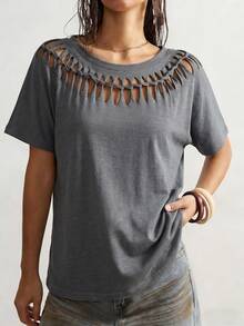 Bohemela 休闲纯色针织圆领短袖破洞宽松女式T恤 - 淺灰色 - 查看 3