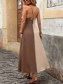 Brillora 女士度假休闲撞色吊带连衣裙 - 棕色 - 查看 2