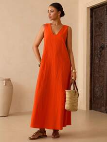 Vesra Women's V-Neck Sleeveless Loose Long Dress - Burnt Orange - View 4