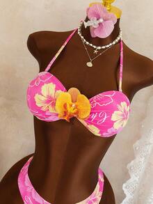 Bonvoyette Conjunto de 3 piezas de bikini de estilo de vacaciones para damas con falda de gasa fluida con estampado de flores, tipo halter para primavera/verano y festival de música en la playa - Multicolor - Ver 6