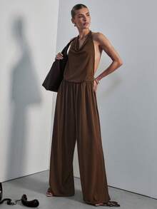 Hauture Đầm maxi nữ xếp ly cổ yếm, vạt phồng, lưng hở, kiểu dáng gợi cảm, thích hợp mặc đi làm. - màu nâu - Xem 6