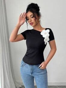 Elenzga Áo thun ngắn tay dáng ôm xếp ly, thiết kế hoa văn tinh tế, thanh lịch, thích hợp cho kỳ nghỉ, lễ hội âm nhạc và đi làm, hàng mới về mùa Xuân/Hè. - màu đen - Xem 5