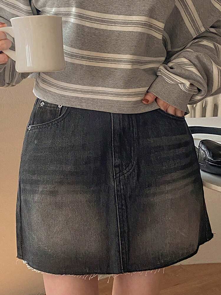 Washed Frayed Denim A-Line Skirt, High Waist Loose Flattering Women Summer Denim Skirt