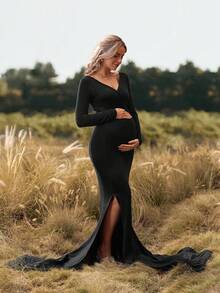 Cheriluna Maternity 圣诞派对礼服/优雅派对礼服/孕妇写真礼服 - 黑色 - 查看 4