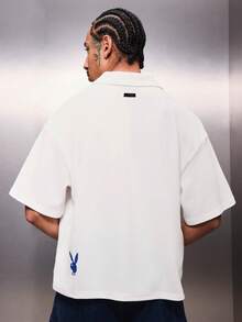 PLAYBOY X SUMWON 男士Logo刺绣华夫格针织Polo衫 短袖翻领休闲夏季上衣 - 白色 - 查看 2