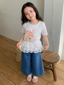 DAZY Young Girl' Round Neck Knit Butterfly Print Short Sleeve T-Shirt, Fall - White - View 7