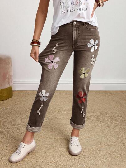 EMERY ROSE Jeans de talla grande con lavado, bordado floral y efecto desgastado