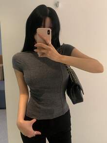 FRIFUL 女士高领紧身弹力面料装饰可爱性感T恤 - 白色 - 查看 5