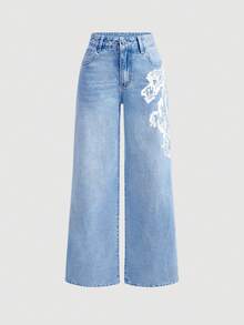 Selenza Women's Graphic Print Slant Pocket Casual Versatile Jeans Wide Leg Jeans Woman Jeans With Designs Flower Jeans Cowboy Pants For Women Cowgirl Jeans - Blue - View 4
