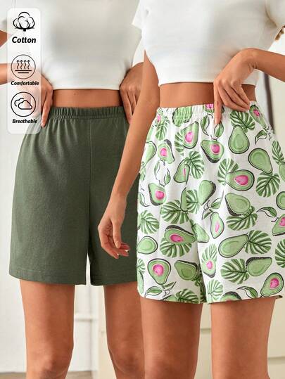 SHEIN Women Cotton 2 Pcs Fake Drawstring Avocado Pattern & Solid Green Sleep Shorts Homewear Comfort Cute Casual Multipack Set