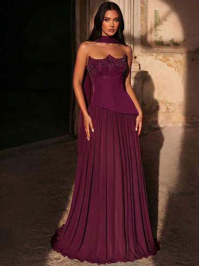 Glamrae Elegant Hazy Blue Luxurious Rhinestone Handmade Beaded Strapless 2 In 1 Chiffon A-Line Dress (Detachable Hanging Sequin Collar), Suitable For All Formal Occasions, Elaborate Evening Gown