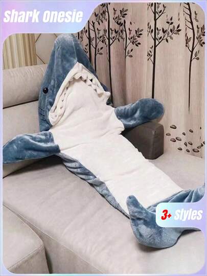 3pcs Cute Shark Pajamas, Flannel Loungewear For Women Men, Soft Warm Home Wear, Office & Outdoor Wearable, Cross-Border Stock