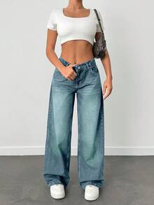 EURMUSE 100% Cotton LOW RISE WIDELEG CUT VINTAGE WASH Y2K STYLE JEAN - Teal Blue - View 3