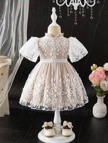 Souflis Souflis 女婴花卉刺绣网纱荷叶边领短袖连衣裙 - 杏色 - 查看 2